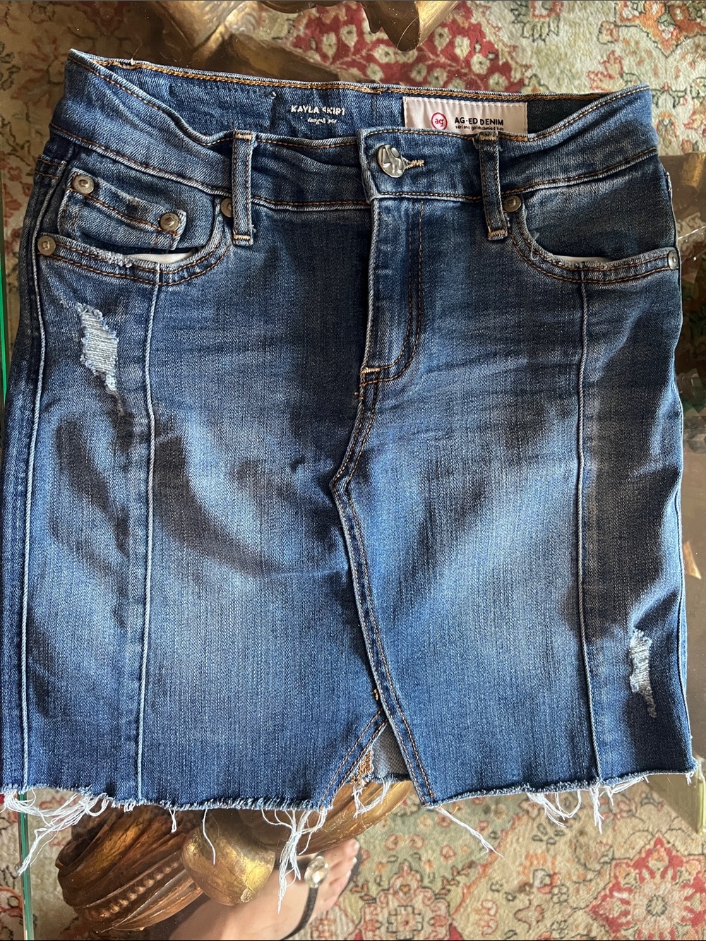 AG Adriano Goldschmied Kayla Distressed Blue Denim Mini Skirt